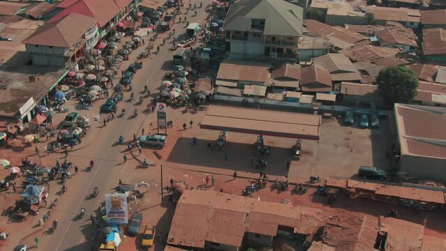 Aerial drone shot of the city centre of Ganta (Gompa City) , Liberia
