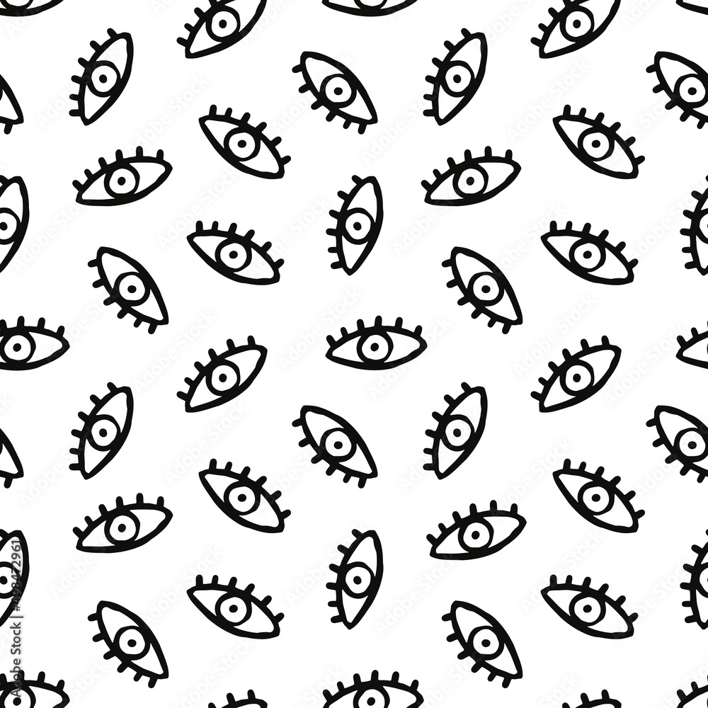 Aufkleber Open eyes pattern. Seamless background with abstract simple eyelashes in doodle style. Trendy texture design with repeating print. Modern drawn vector illustration for decoration, wrapping, textile.