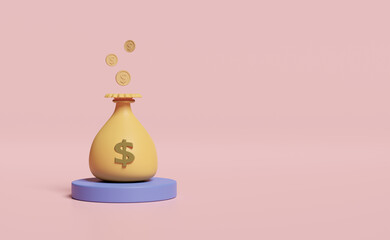 3d cylinder stage podium with money bags dollars, coins isolated on pink background. loan approval, business banking, investment concept, 3d render illustration