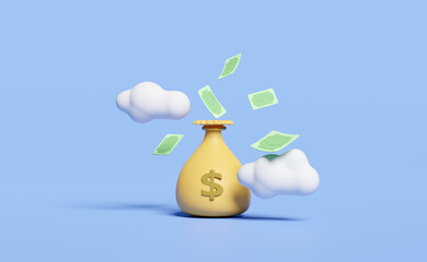 3d money bags dollars with float banknote, cloud isolated on blue background. loan approval, business banking, investment concept, 3d render illustration