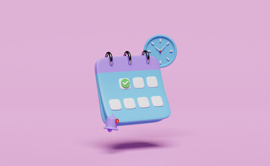 3d calendar with clock, checkmark icons, marked date, notification bell  isolated on pink background. schedule appointment concept, 3d render illustration