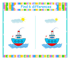 Find 6 differences. Logic puzzle game for children. Activity Worksheet for kids. Vector illustration