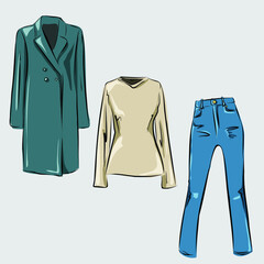 Capsule basic wardrobe for a woman. Minimalism. Fashion. Big cupboard. Wardrobe with a set of clothes on hangers and bags. Isolated vector objects.