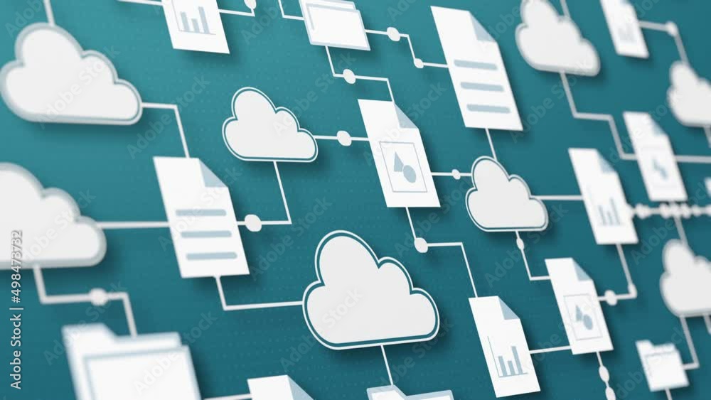 Sticker close-up of connected clouds with different file and folder icons, sharing data, concept of cloud computing, smart working, global business, big data (3d render)