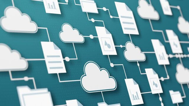 close-up of connected clouds with different file and folder icons, sharing data, concept of cloud computing, smart working, global business, big data (3d render)