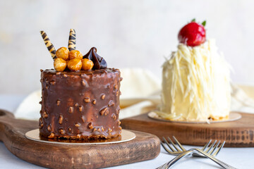 Types of cakes. Varieties of small cakes on a white background. Bakery products. Close-up.