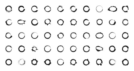 Set of vector grunge circle brush strokes. Coffee Stain. Banners, insignia, logos, icons, labels and badges Set. Blank shapes. Black textured design elements. Distress texture backgrounds.