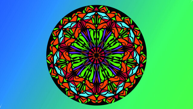 brightly colored mandala of geometric shapes on a gradient color background