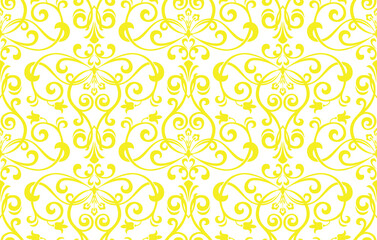 Wallpaper in the style of Baroque. Seamless vector background. White and yellow floral ornament. Graphic pattern for fabric, wallpaper, packaging. Ornate Damask flower ornament