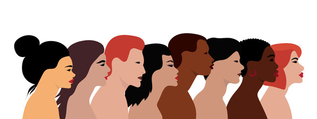 portrait of people of different nationalities in profile flat design, isolated, vector