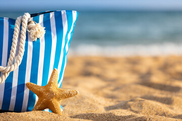 Beach bag and starfish against sea and sky
