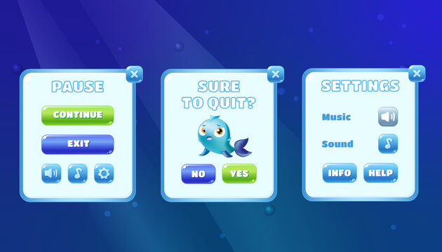 Casual game windows interface with buttons and cartoon fish sea theme. Mobile game vector interface concept with icons and blue buttons for game design.