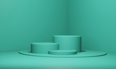 Premium 3d background showing a green podium scene. Three podium stands to display products in the studio. 3d illustration