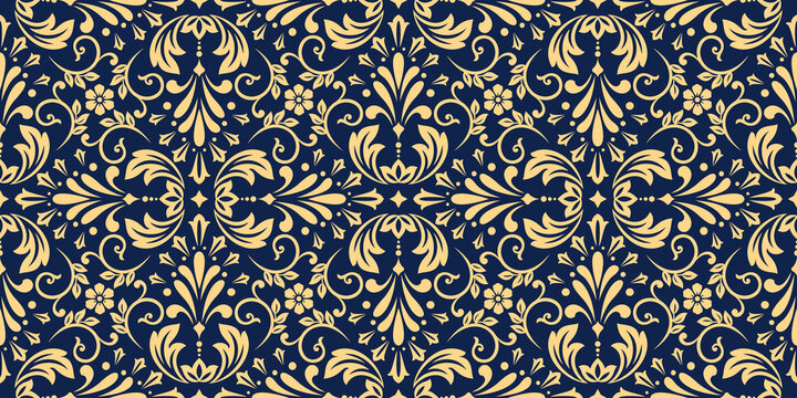 Flower geometric pattern. Seamless vector background. Gold and dark blue ornament. Ornament for fabric, wallpaper, packaging. Decorative print © ELENA