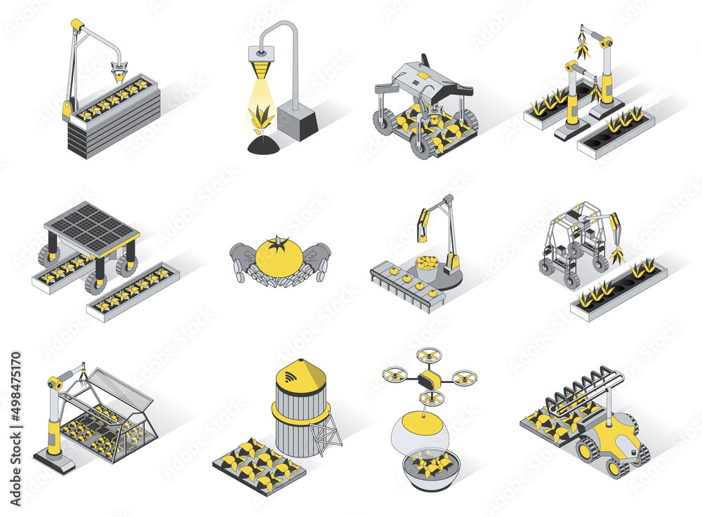 Aufkleber agriculture robotisation 3d isometric icons set. pack elements of smart farming equipment, robotic a