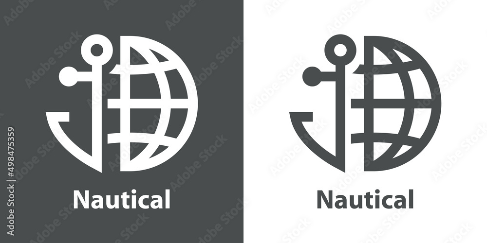 Canvas Prints Logotipo con texto Nautical con silueta de ancla de barco con globo terráqueo con líneas en fondo gris y fondo blanco