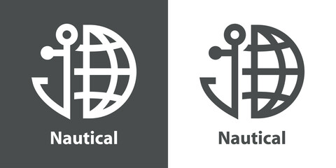 Logotipo con texto Nautical con silueta de ancla de barco con globo terráqueo con líneas en fondo gris y fondo blanco © teracreonte