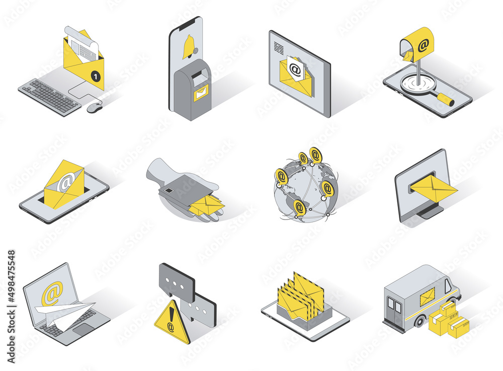 Poster email service 3d isometric icons set. pack elements of writing letter, sending and receiving envelop