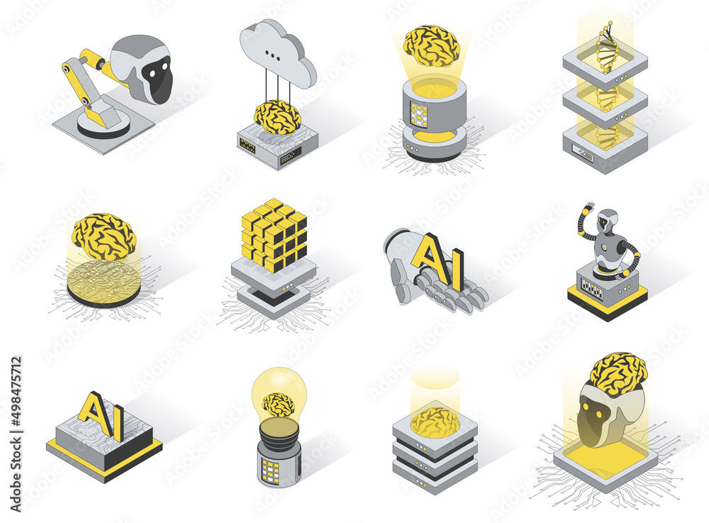 Poster Artificial intelligence 3d isometric icons set. Pack elements of machine learning, smart robots, cloud technology, AI programming, circuits and chips. Vector illustration in modern isometry design