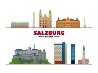 Obraz premium Salzburg (Austria) city landmarks vector on white background. Flat vector illustration. Business travel and tourism concept with modern buildings. Image for banner or website.