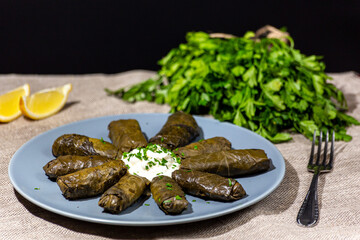 Traditional georgian dolma with sour cream and herbs on a plate, parsley, cilantro, lemon
