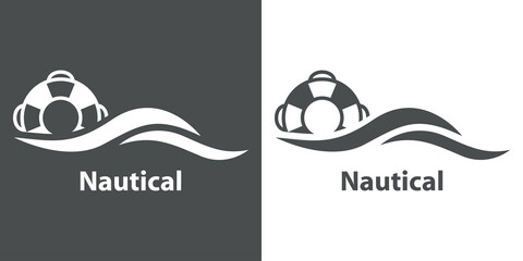 Logotipo con texto Nautical y silueta de anillo salvavidas con olas en fondo gris y fondo blanco