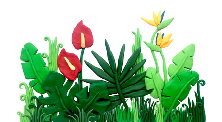 plasticine illustration, tropical leaves and flowers composition. 3d image with monstera leaves,...