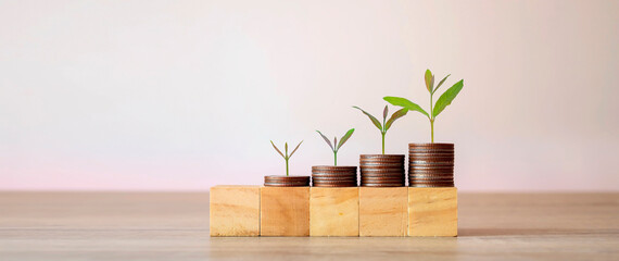 The concept of financial development and business growth with trees that grow on coins.
