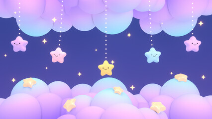 3d rendered cute hanging stars and purple clouds. Sweet dreams theme.