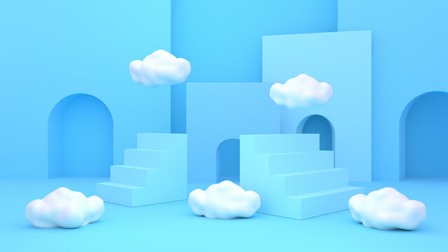 3d rendered blue stairs, corridors, and white clouds.