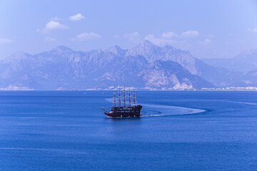 beautiful view from Kaleici castle, Antalya. blue sky and sea. boats are sailing