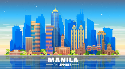 Manila City ( Philippines ) skyline with panorama in white background. Vector Illustration. Business travel and tourism concept with modern buildings. Image for banner or website. - obrazy, fototapety, plakaty