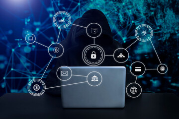 Obraz premium . Hacker using computer with digital interface while sitting at desk of blurry interior. Hacking and thief concept. with icon.