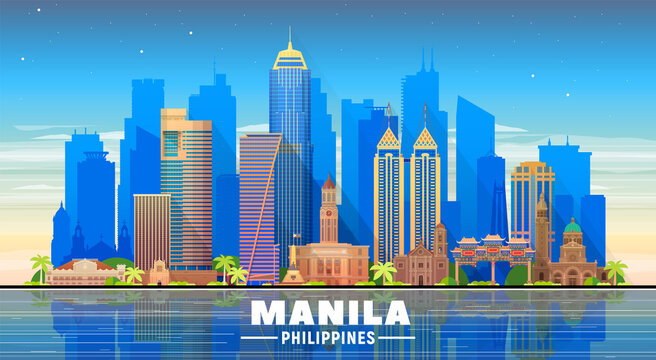 Manila City ( Philippines ) skyline with panorama in white background. Vector Illustration. Business travel and tourism concept with modern buildings. Image for banner or website.