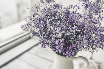 lush bouquet of purple gypsophila flowers in a white jug on a white background. floral still life, selective content