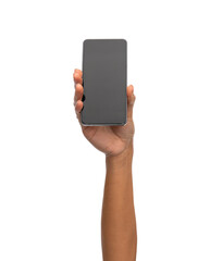technology and people concept - close up of female hand holding smartphone over white background