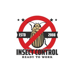 Obraz premium Colorado beetle stop sign, pest control and insects extermination service vector icon. Disinfection and disinsection service badge for pest control of Colorado beetle or potato bug