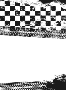Racing sport grunge background with checkered flag and tire tracks race pattern. Motorsport competition, rally sport or off road race, motocross grungy vector backdrop with wheel dirty treads