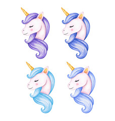 Cute watercolor unicorn clipart isolated on white background. Beautiful watercolor unicorns illustration. Magic trendy cartoon horse perfect for nursery print and poster design. Princess unicorn.