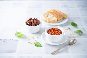 Dried tomatoes nuts pesto in a bowl