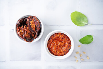 Dried tomatoes nuts pesto in a bowl