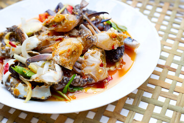 spicy green mango salad with blue crab