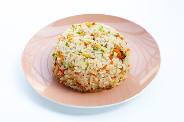 Crab fried rice in blue plate on white background
