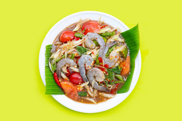 Papaya salad with shrimp in white plate