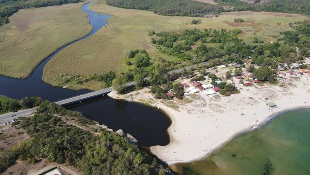 Amazing Aerial view of South Beach of town of Kiten, Burgas Region, Bulgaria 