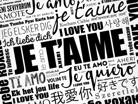 Je t&rsquo;aime (I Love You in French) in different languages of the world, word cloud background