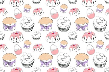 Easter seamless pattern with cute Easter eggs and sweet dessert. Cute Easter in cartoon style, hand painting illustration