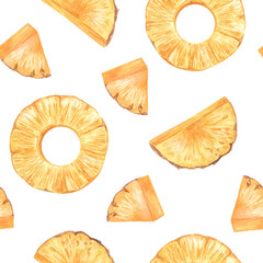 pineapples slices pieces yellow seamless pattern, hand painted watercolor
