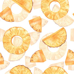 pineapples slices pieces yellow seamless pattern, hand painted watercolor