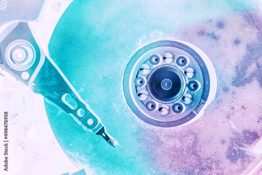 Poster Close up beautiful open detail frozen hard disk. Concept protection information or save user data.
